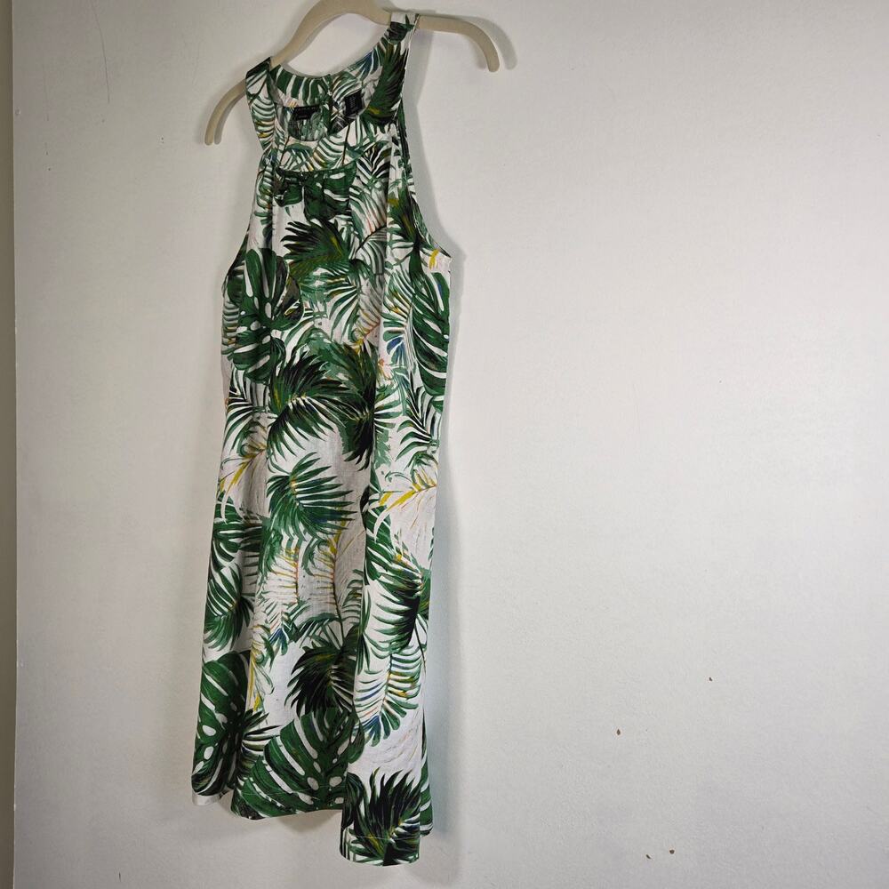 TAHARI 100% LINEN SUNDRESS Size M Coastal Palm Print Tropical Halter Dress - Picture 2 of 9